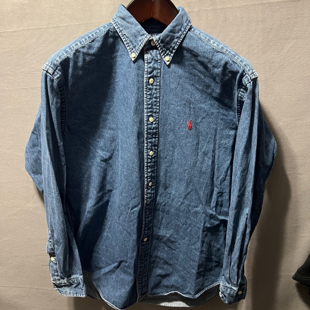Ralph Lauren Mens Medium Wash Denim Button Down Shirt Red Pony Logo Size M